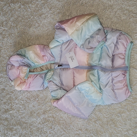 Pastel Rainbow Puffer Zippered Jacket with Teddy Bear Ears 2T - Picture 4 of 7